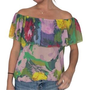 Y2K Spense floral flowy off the shoulder multi color blouse. Size M